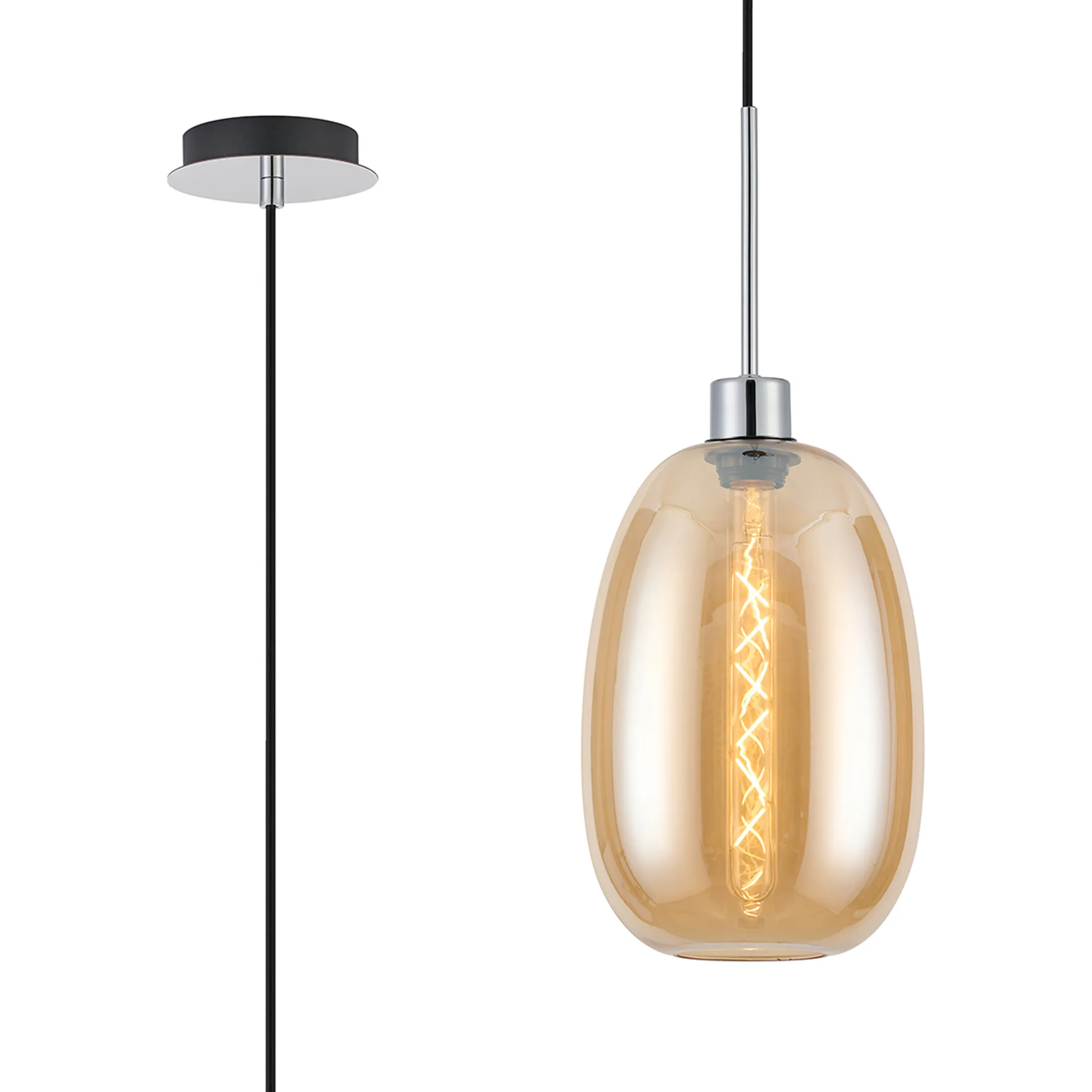 DK1257  Lori 1.7m Single Pendant, 1 Light Adjustable E27, Polished Chrome/Amber Slim Curved Trapezium Shades